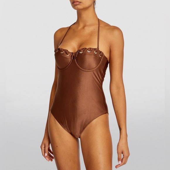 ZIMMERMANN Devi eyelet-embellished cutout underwired halterneck swimsuit sz 1 - Picture 6 of 11